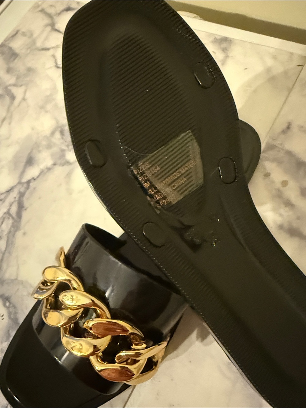 Steve Madden Black Patent Slide Sandals with Gold Chain - Picture 2 of 4